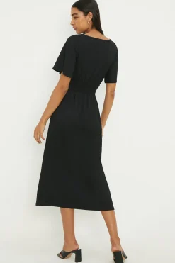 Dorothy Perkins Robe Mi-Longue Noire à Manches Courtes et Taille Froncée<Femme Toutes Les Robes|Robes D’Automne