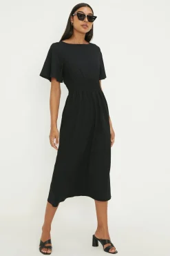 Dorothy Perkins Robe Mi-Longue Noire à Manches Courtes et Taille Froncée<Femme Toutes Les Robes|Robes D’Automne