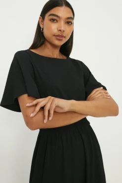 Dorothy Perkins Robe Mi-Longue Noire à Manches Courtes et Taille Froncée<Femme Toutes Les Robes|Robes D’Automne