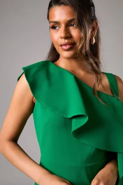 Robe Mi-Longue Petite Asymétrique à Volant en Crêpe pour Invitée de Mariage