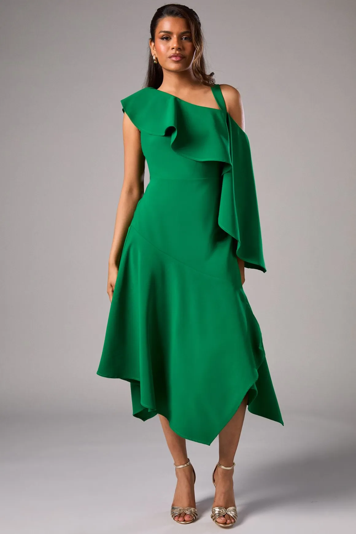 Robe Mi-Longue Petite Asymétrique à Volant en Crêpe pour Invitée de Mariage
