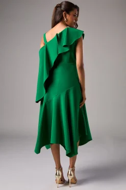 Robe Mi-Longue Petite Asymétrique à Volant en Crêpe pour Invitée de Mariage