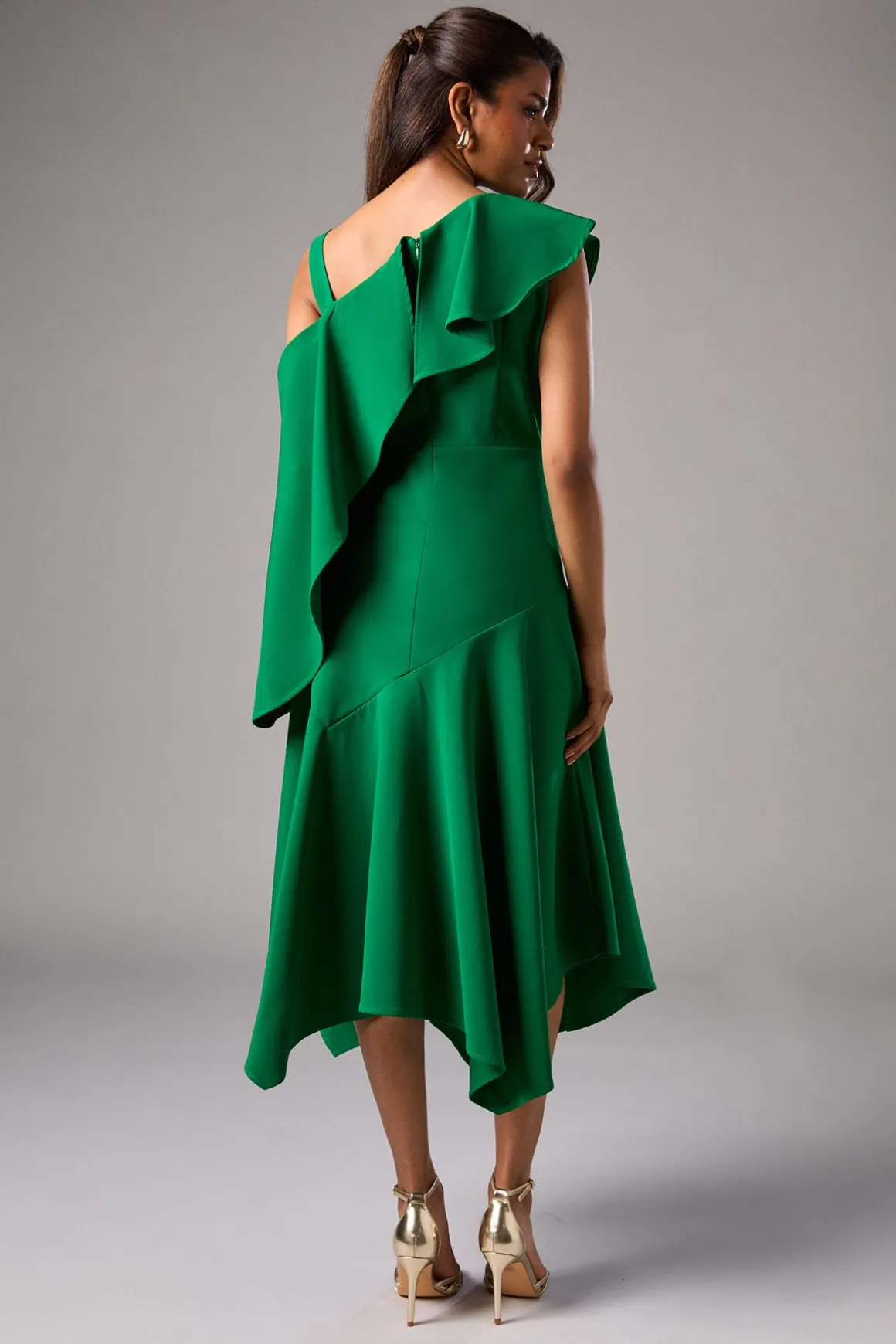 Robe Mi-Longue Petite Asymétrique à Volant en Crêpe pour Invitée de Mariage