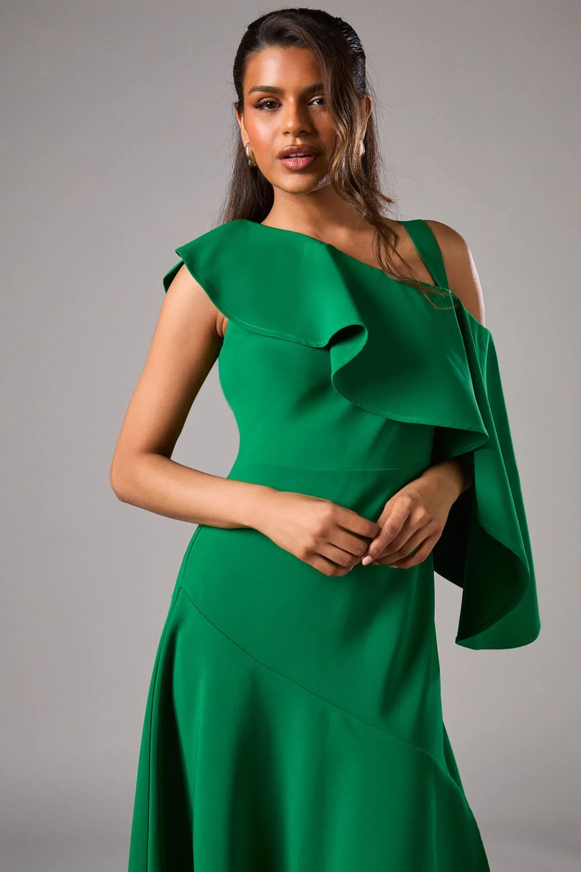 Robe Mi-Longue Petite Asymétrique à Volant en Crêpe pour Invitée de Mariage