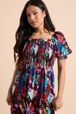 Robe Mi-longue Petite Avec Corsage Froncé À Imprimé Floral Patchwork Et Détails Bordés