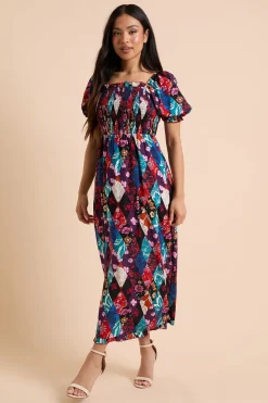 Robe Mi-longue Petite Avec Corsage Froncé À Imprimé Floral Patchwork Et Détails Bordés