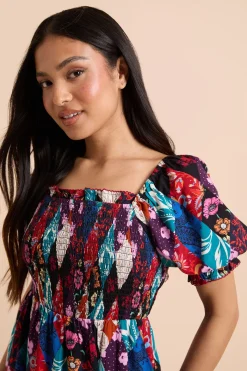Robe Mi-longue Petite Avec Corsage Froncé À Imprimé Floral Patchwork Et Détails Bordés