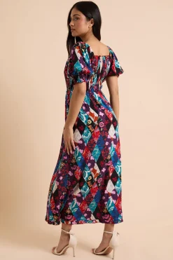 Robe Mi-longue Petite Avec Corsage Froncé À Imprimé Floral Patchwork Et Détails Bordés
