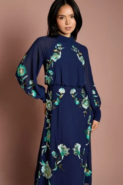 Robe Mi-Longue Petite à Col Montant et Manches Longues avec Broderies Florales