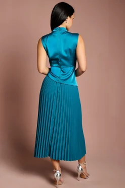 Robe Mi-Longue Petite à Col Montant et Jupe Plissée Drapée