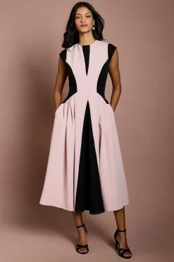 Robe Mi-Longue Petite en Crêpe à Blocs de Couleur