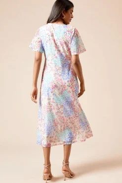 Robe Mi-Longue Petite en Jersey Mesh à Motifs Floraux avec Manches Évasées et Détail Trou de Serrure