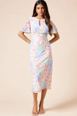 Robe Mi-Longue Petite en Jersey Mesh à Motifs Floraux avec Manches Évasées et Détail Trou de Serrure