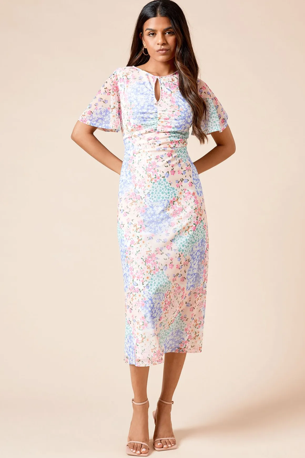 Robe Mi-Longue Petite en Jersey Mesh à Motifs Floraux avec Manches Évasées et Détail Trou de Serrure