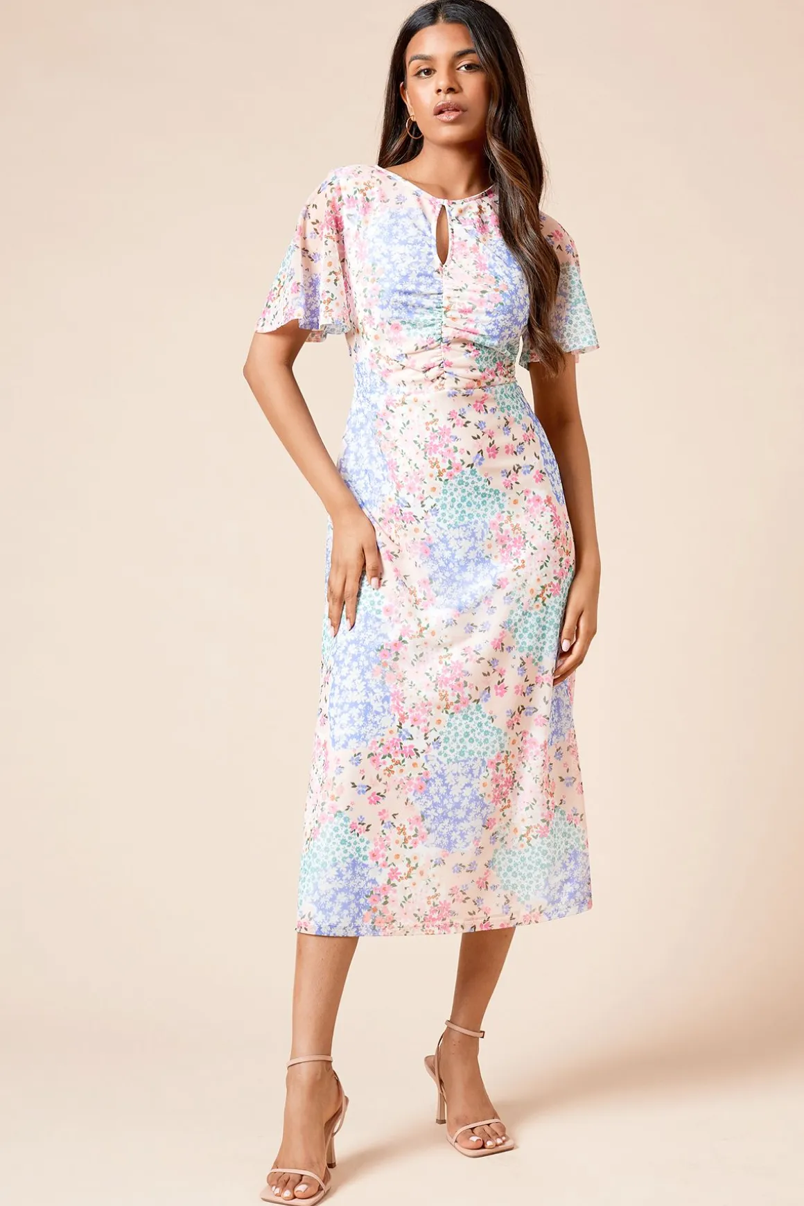 Robe Mi-Longue Petite en Jersey Mesh à Motifs Floraux avec Manches Évasées et Détail Trou de Serrure