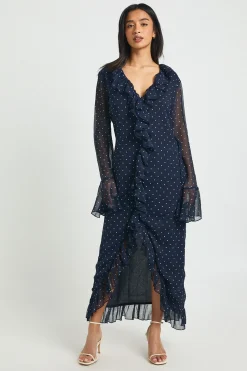 boohoo Robe Mi-Longue Petite en Mousseline à Pois avec Détails Volantés<Femme Pois|Robes À Manches Longues