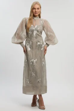 Robe Mi-Longue Petite en Organdi à Manches Bouffantes Ornée de Cristaux