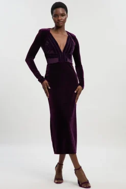 KarenMillen Robe Mi-Longue Petite en Velours Stretch avec Détails de Bandes, Décolleté Plongeant en Maille et Dos Échancré<Femme Robes Mi-Longues|Robes À Manches Longues