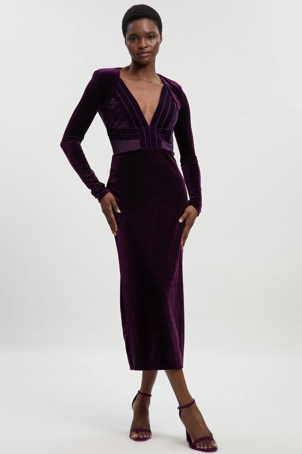 KarenMillen Robe Mi-Longue Petite en Velours Stretch avec Détails de Bandes, Décolleté Plongeant en Maille et Dos Échancré<Femme Robes Mi-Longues|Robes À Manches Longues