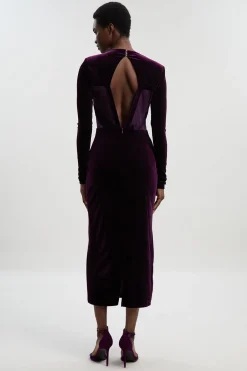 KarenMillen Robe Mi-Longue Petite en Velours Stretch avec Détails de Bandes, Décolleté Plongeant en Maille et Dos Échancré<Femme Robes Mi-Longues|Robes À Manches Longues