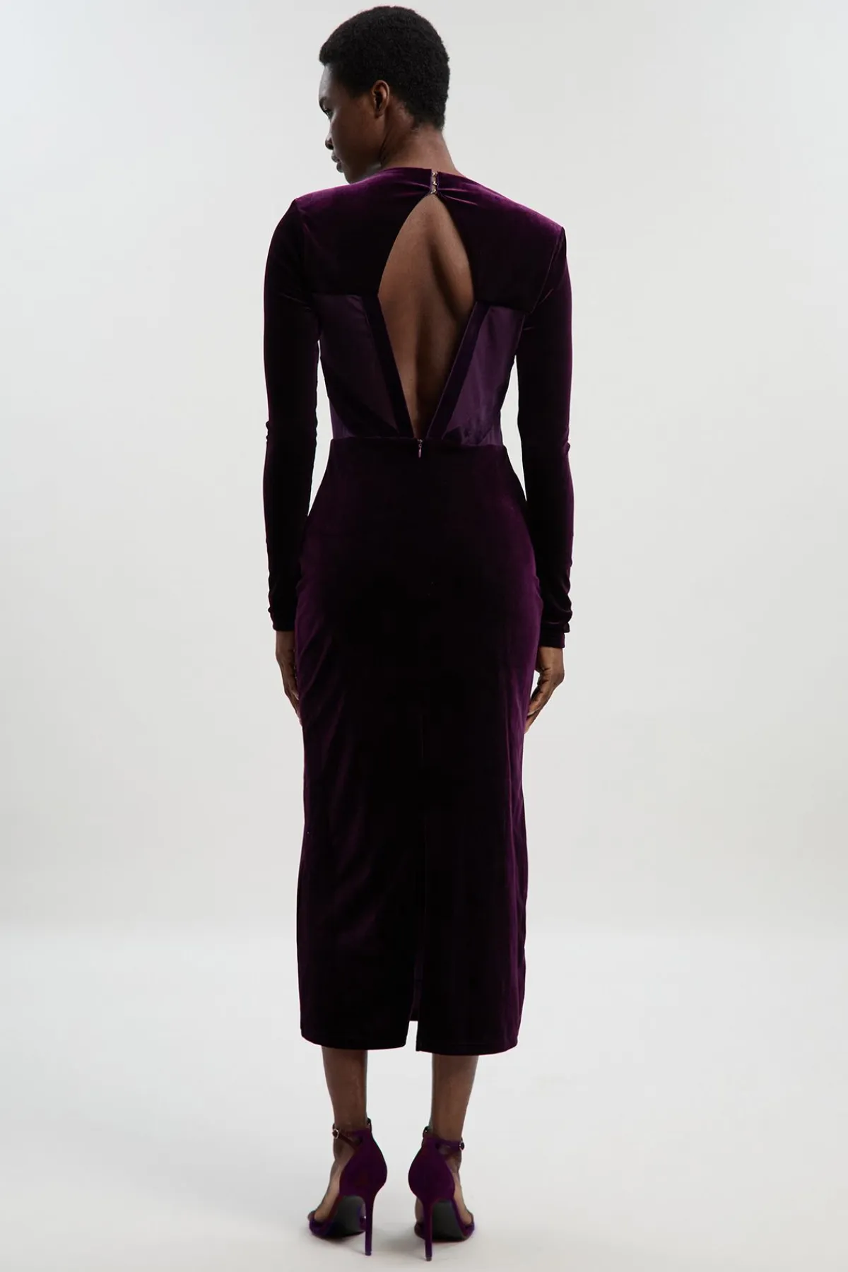 KarenMillen Robe Mi-Longue Petite en Velours Stretch avec Détails de Bandes, Décolleté Plongeant en Maille et Dos Échancré<Femme Robes Mi-Longues|Robes À Manches Longues