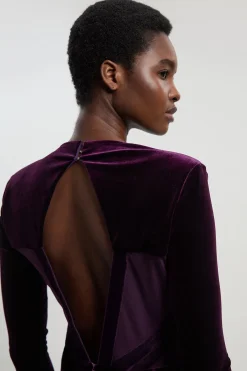 KarenMillen Robe Mi-Longue Petite en Velours Stretch avec Détails de Bandes, Décolleté Plongeant en Maille et Dos Échancré<Femme Robes Mi-Longues|Robes À Manches Longues