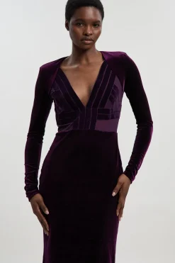 KarenMillen Robe Mi-Longue Petite en Velours Stretch avec Détails de Bandes, Décolleté Plongeant en Maille et Dos Échancré<Femme Robes Mi-Longues|Robes À Manches Longues