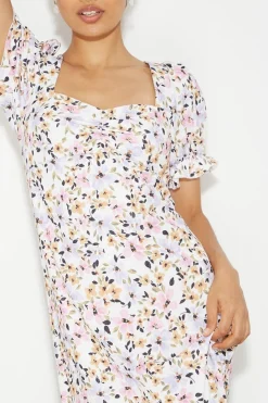 Robe Mi-Longue Petite à Imprimé Floral Cœur et Manches Bouffantes en Jersey