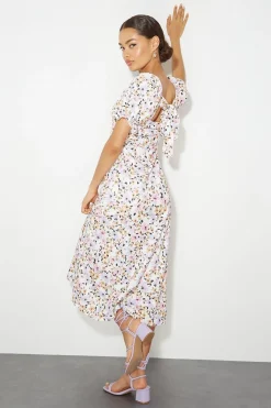Robe Mi-Longue Petite à Imprimé Floral Cœur et Manches Bouffantes en Jersey