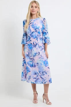 Robe Mi-longue Petite À Manches Volantées Et Imprimé Floral Dévoré