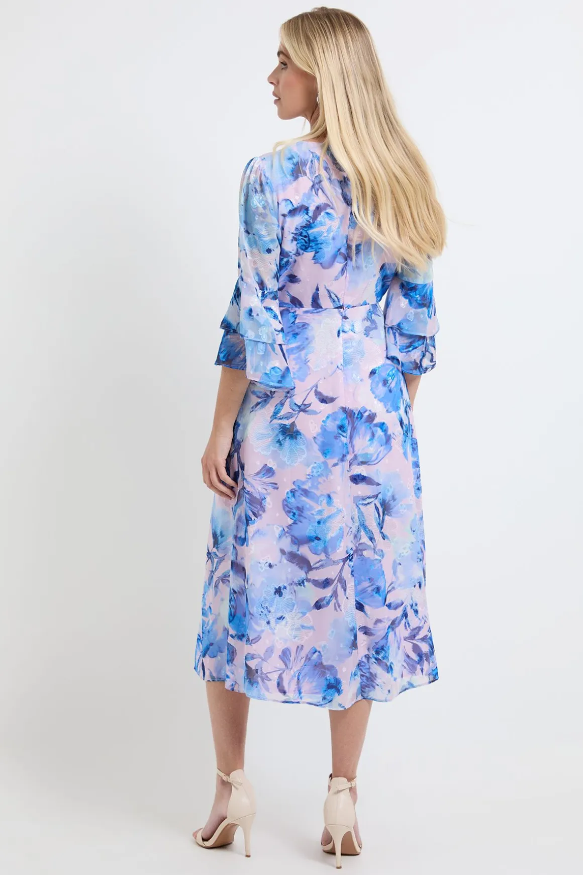 Robe Mi-longue Petite À Manches Volantées Et Imprimé Floral Dévoré