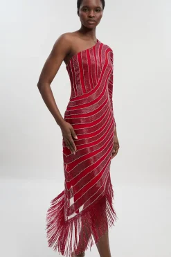 Robe Mi-Longue Petite Taille à Fente Haute Ornée de Tissage et Franges