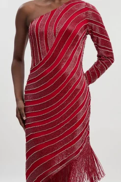 Robe Mi-Longue Petite Taille à Fente Haute Ornée de Tissage et Franges