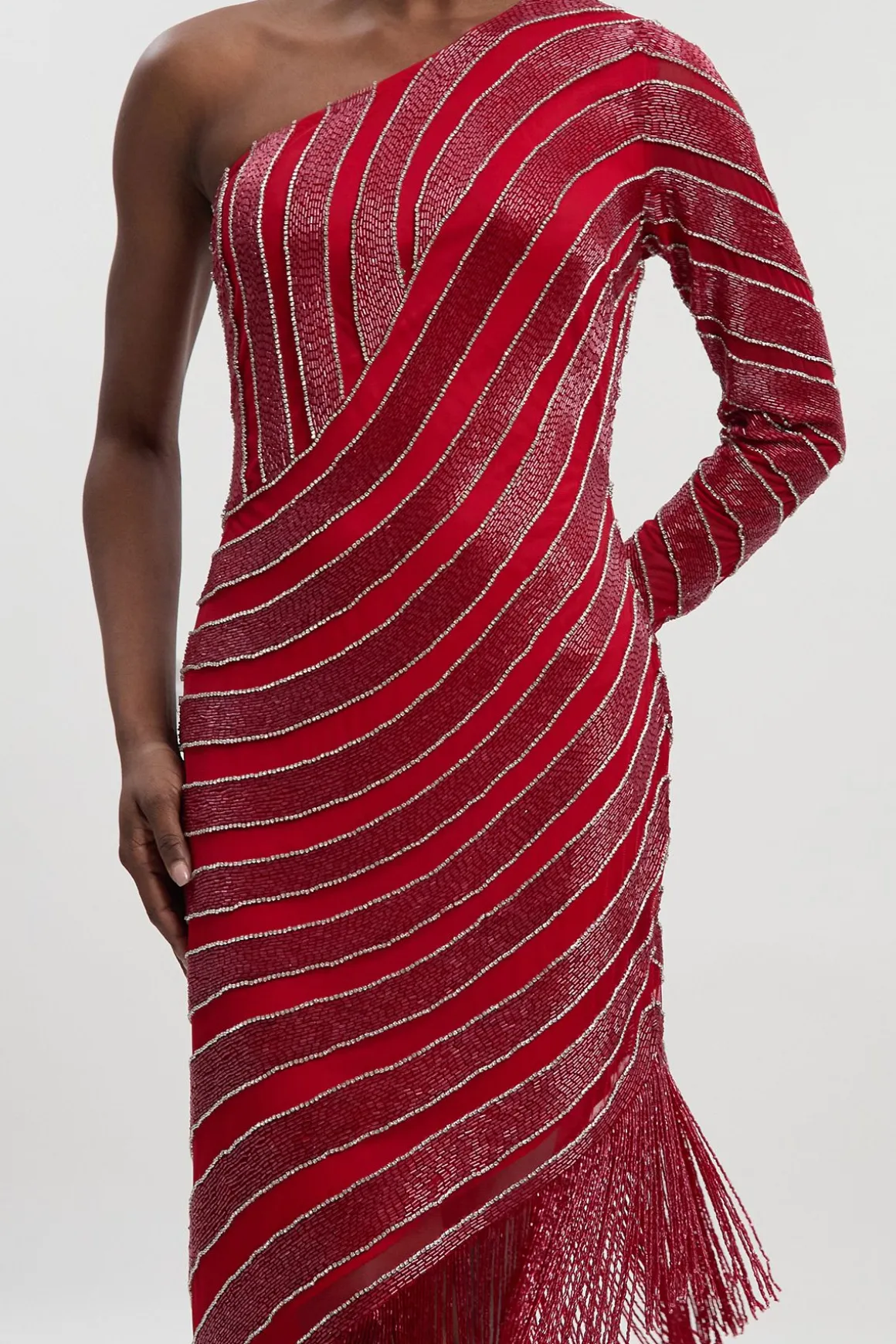 Robe Mi-Longue Petite Taille à Fente Haute Ornée de Tissage et Franges