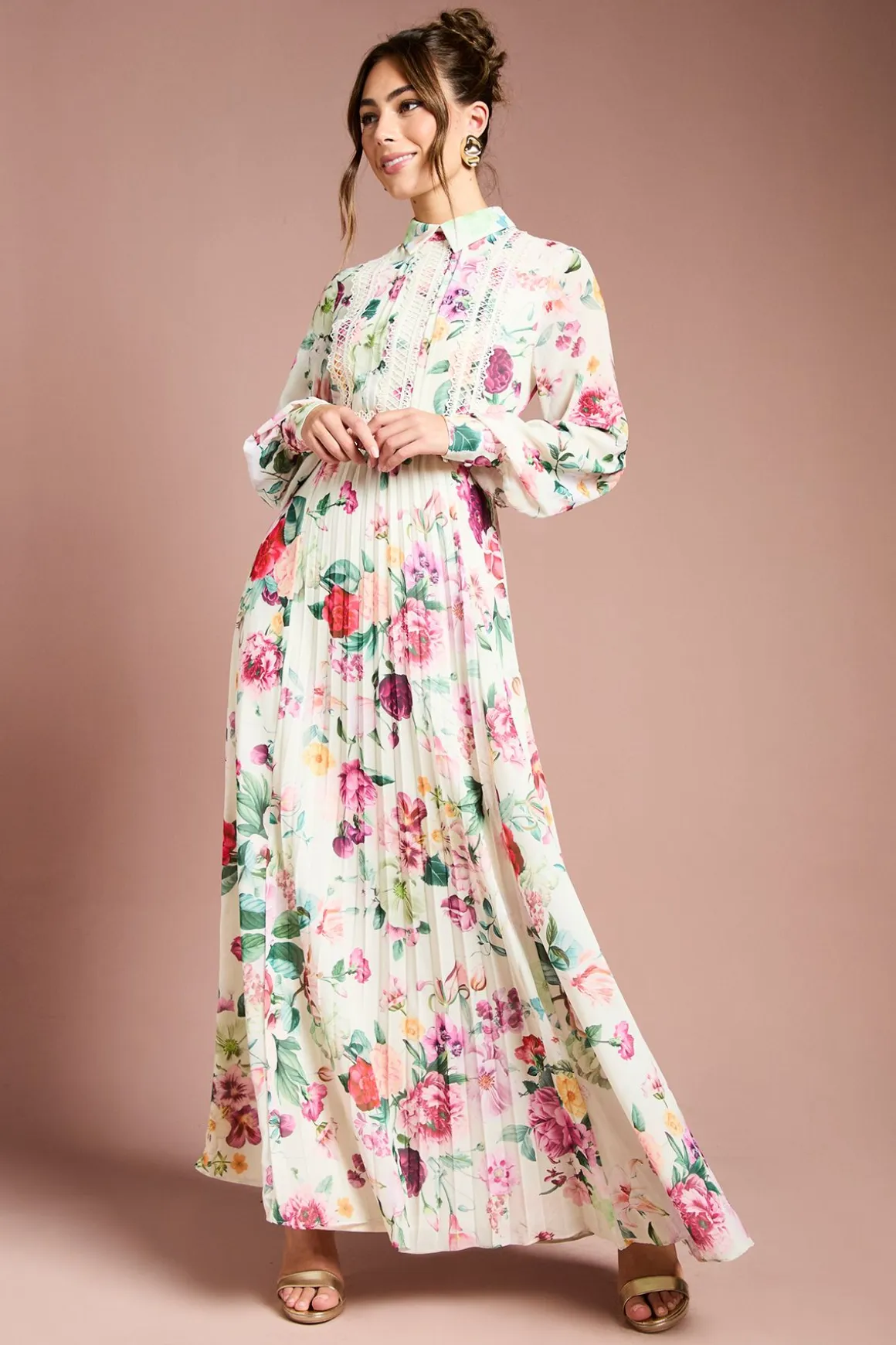 Robe Mi-Longue à Plis avec Finitions en Dentelle