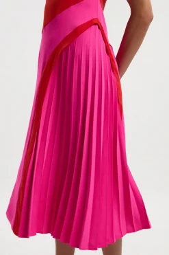 Robe Mi-Longue Plissée à Col Montant et Blocs de Couleur Ajustée Douce