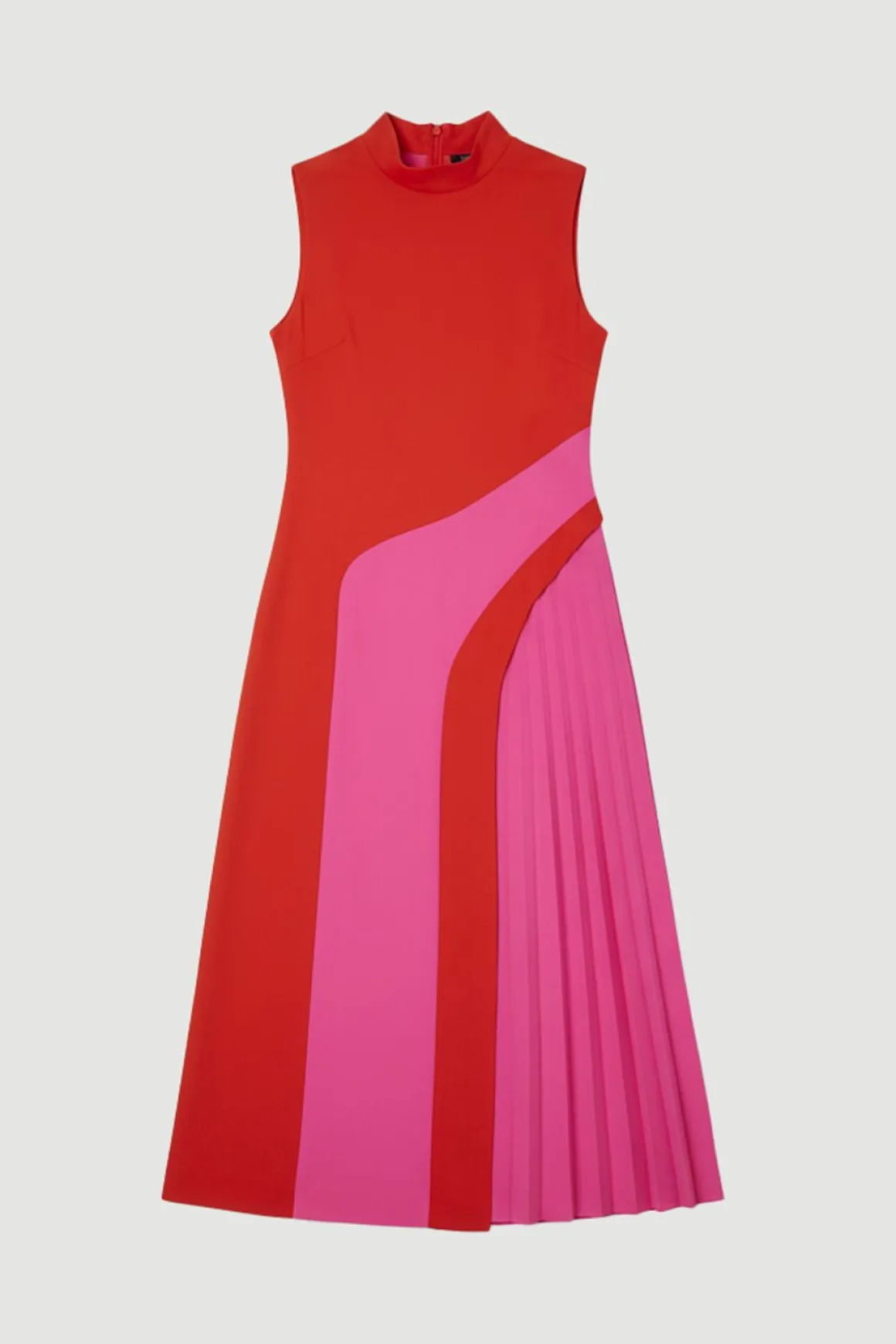 Robe Mi-Longue Plissée à Col Montant et Blocs de Couleur Ajustée Douce
