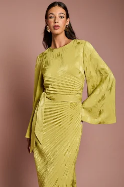 Robe Mi-Longue Plissée en Jacquard à Manches Évasées