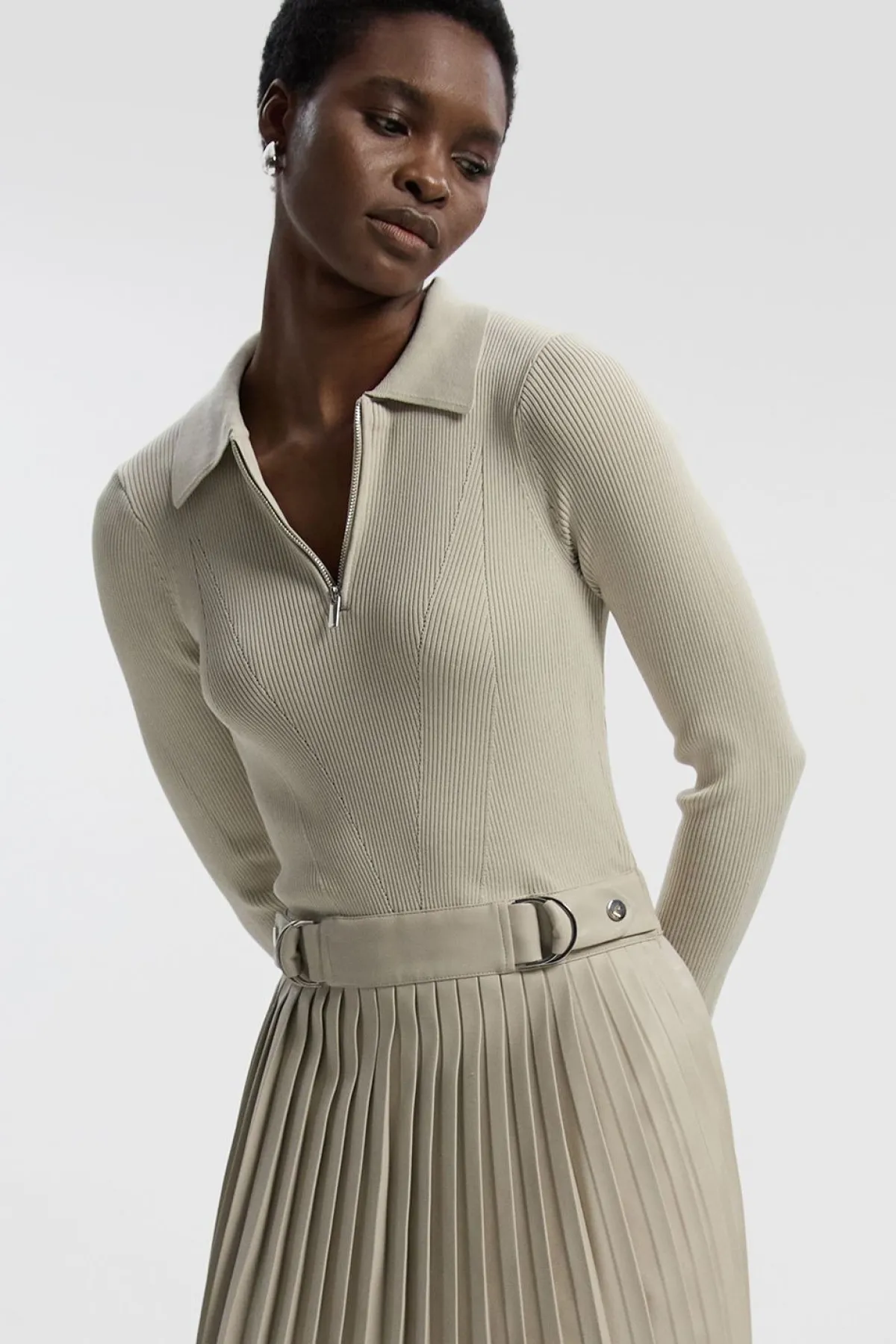 KarenMillen Robe Mi-Longue Plissée Maille et synthétique Col Zippé<Femme Toutes Les Robes|Robes Mi-Longues
