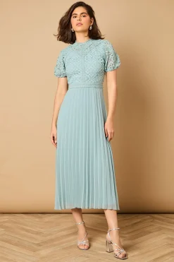 Oasis Robe Mi-Longue Plissée à Manches Bouffantes en Dentelle<Femme Robes Mi-Longues|Satin Et Dentelle