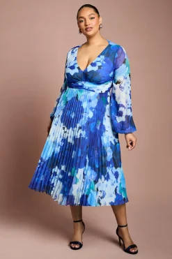 Robe Mi-Longue Plissée à Manches Longues Imprimé Floral Grande Taille