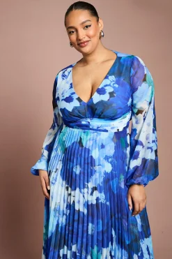Robe Mi-Longue Plissée à Manches Longues Imprimé Floral Grande Taille