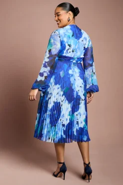 Robe Mi-Longue Plissée à Manches Longues Imprimé Floral Grande Taille