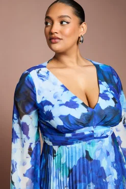 Robe Mi-Longue Plissée à Manches Longues Imprimé Floral Grande Taille