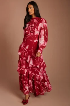 Robe Mi-longue Plissée À Étages Avec Manches Longues Et Imprimé Petite