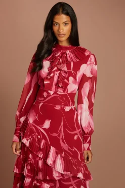 Robe Mi-longue Plissée À Étages Avec Manches Longues Et Imprimé Petite