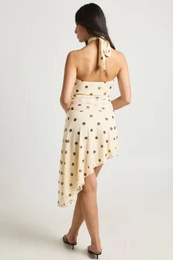 Robe Mi-longue À Pois En Maille Col Licou Taille Cintrée Ourlet Asymétrique