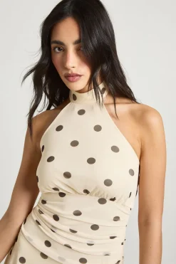 Robe Mi-longue À Pois En Maille Col Licou Taille Cintrée Ourlet Asymétrique