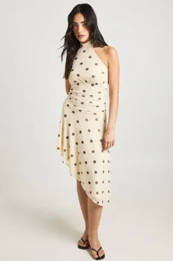 Robe Mi-longue À Pois En Maille Col Licou Taille Cintrée Ourlet Asymétrique