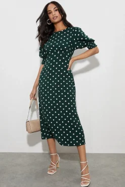 Dorothy Perkins Robe Mi-longue à Pois Verts avec Poignets Froncés<Femme Toutes Les Robes|Robes Mi-Longues